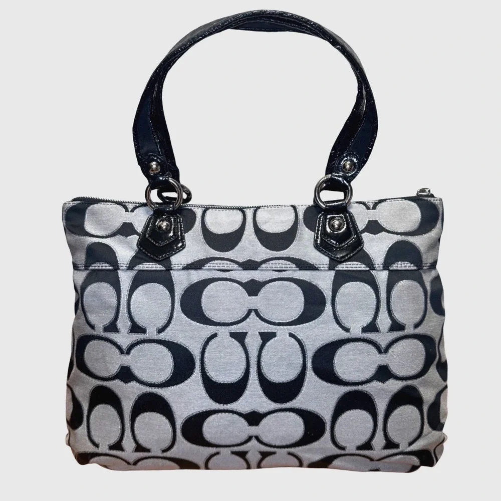 Coach Poppy Glam Tote 17890 Black Gray Signature‎ Shoulder Bag Canvas 2011 Clean